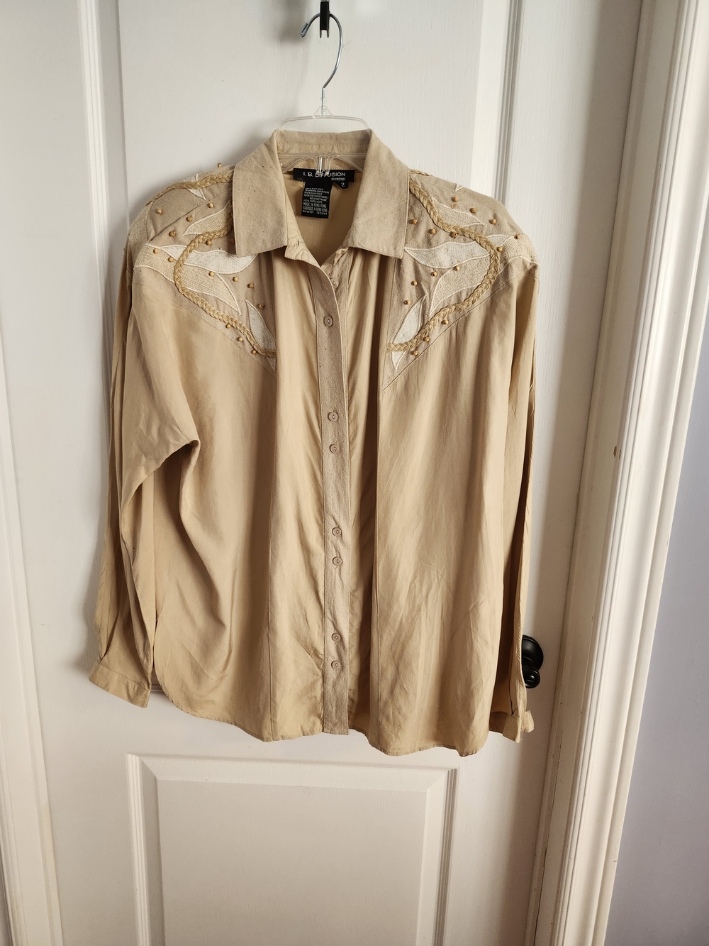 Vintage Embroidered Silk Blouse in Tan